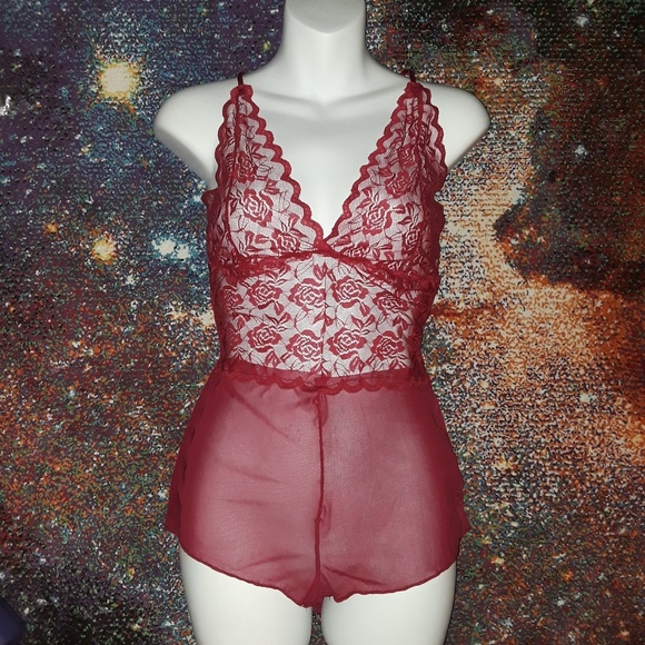 Red Rose Lace Sheer Mesh Crossback Romper Teddy - Picture 2 of 4